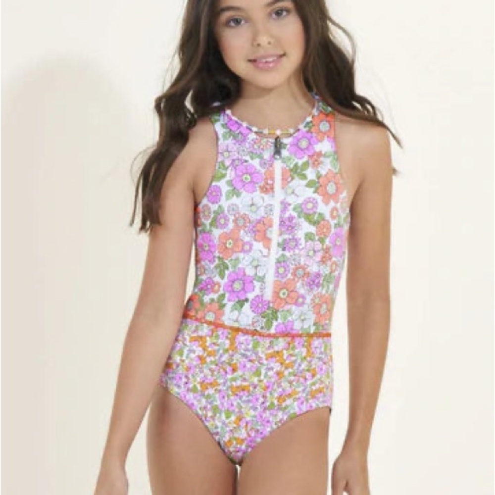 Maaji Girls Floral Zip-Front One-Piece Swimsuit in Pink & Orange reversible